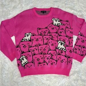 Aqua Blues Neon Pink Black and White Cartoon Cat Print Crewneck Sweater, NWOT, M